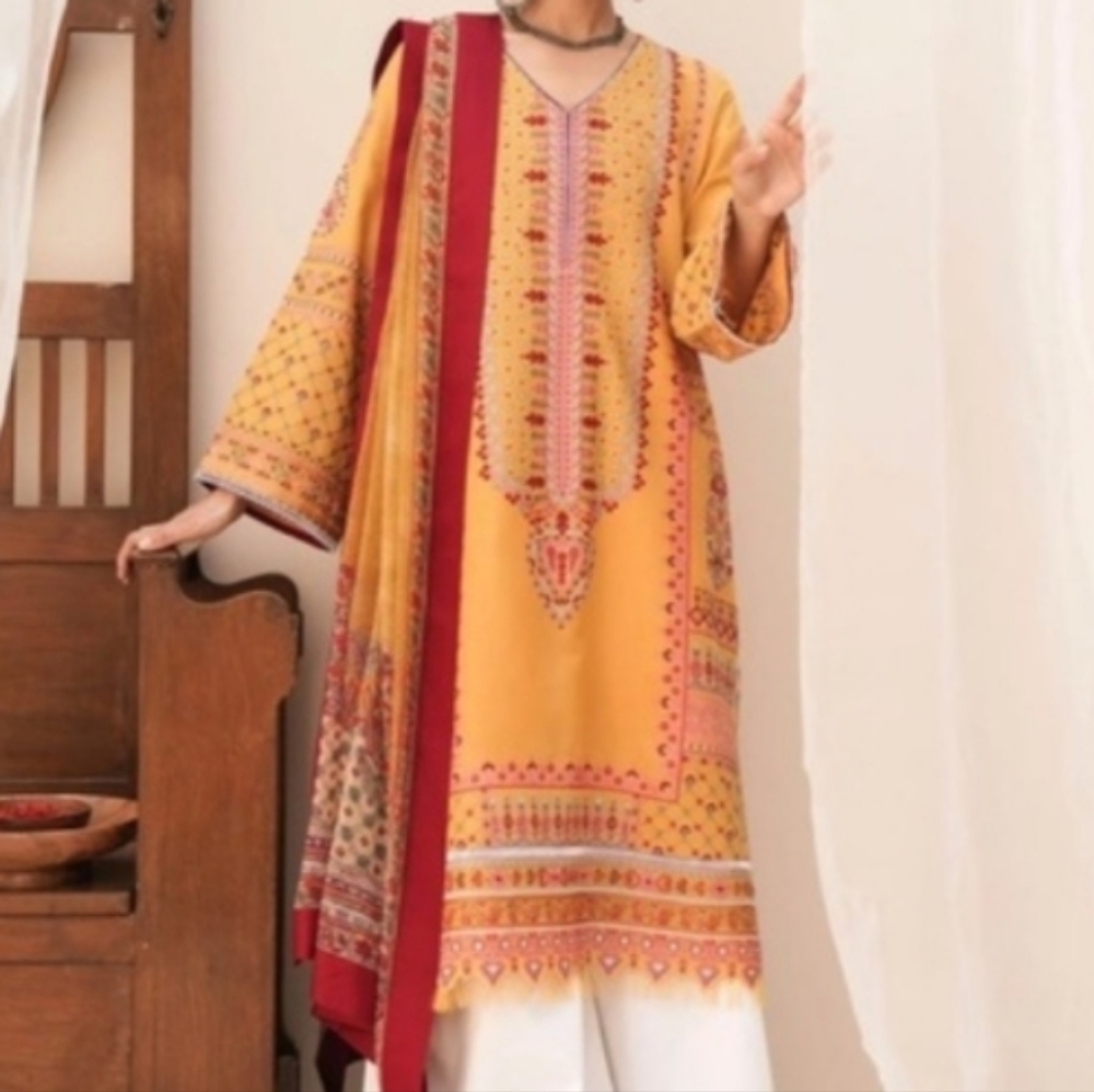 Zara Shahjahan Yellow and Red Embroidered Kurta Salwar Kameez